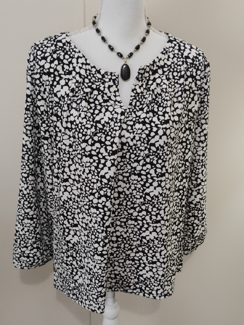 Talbots Black and White Split-Neck Patterned Blouse